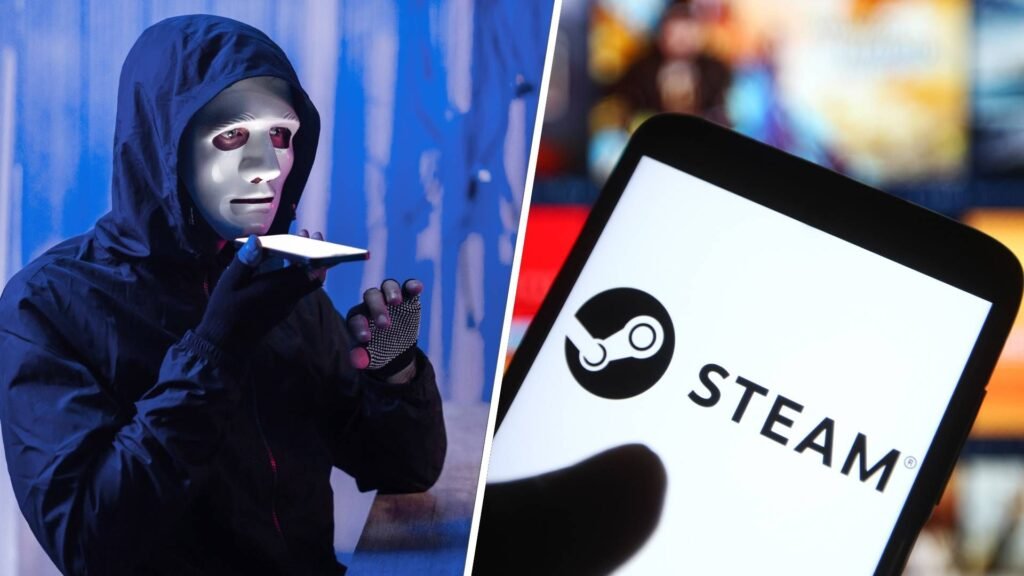 Left: Recording a voice message on a smartphone while sitting at a desk with a computer displaying code. Right: UKRAINE - 2021/07/24: In this photo illustration a Steam logo of a video game digital distribution service is seen on a smartphone.