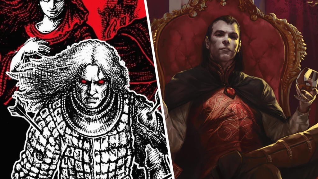 A split image showing the art from the Vampire: The Masquerade crossover and Strahd from D&amp;D.