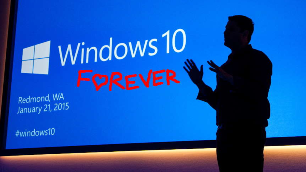 Windows 10 launch event screen with shadow of presenter in front of it