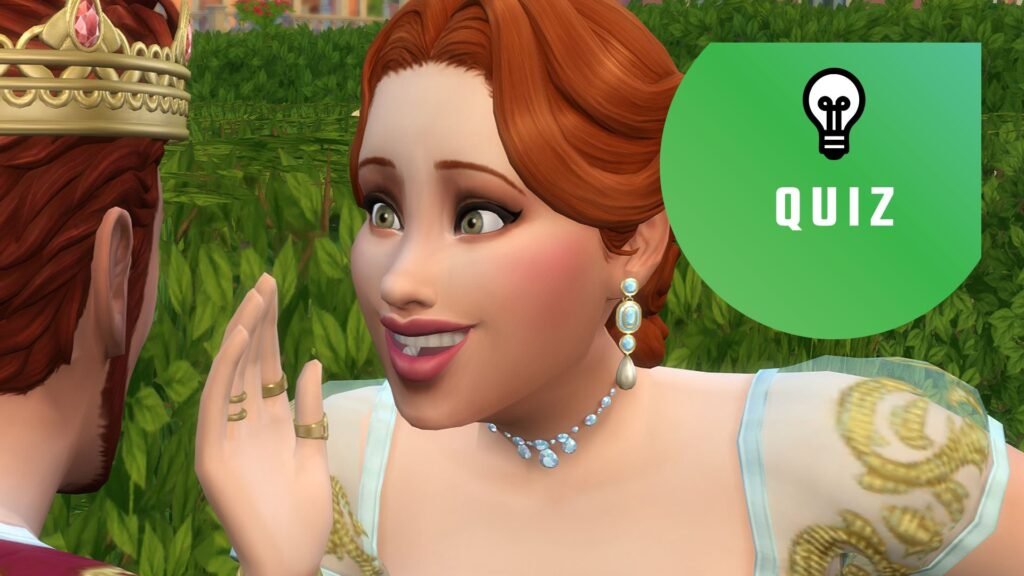 The Sims 4 - A red-haired sim dressed in royal attire is excitedly cupping her mouth like she's telling a secret. The PC Gamer quiz logo is in the top right.