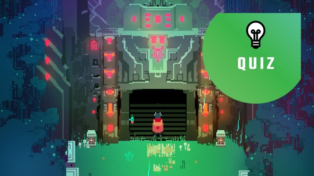 Hyper Light Drifter - A pixel art game with a small figure wearing a cape walking into an old temple. The PC Gamer quiz logo is in the top right.