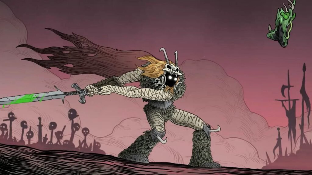 A Warrior homunculus hacks apart a goblin in the Flask intro cutscene.
