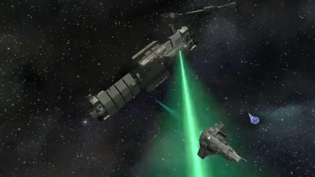 One of the best sci-fi strategy games of 2004 is free in GOG’s Summer Sale Nexus: The Jupiter Incident trailer still - big spaceship firing green beam at smaller ship that's running away