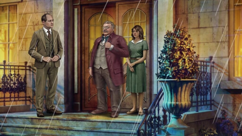 Three characters on a front stoop in The Incident at Galley House