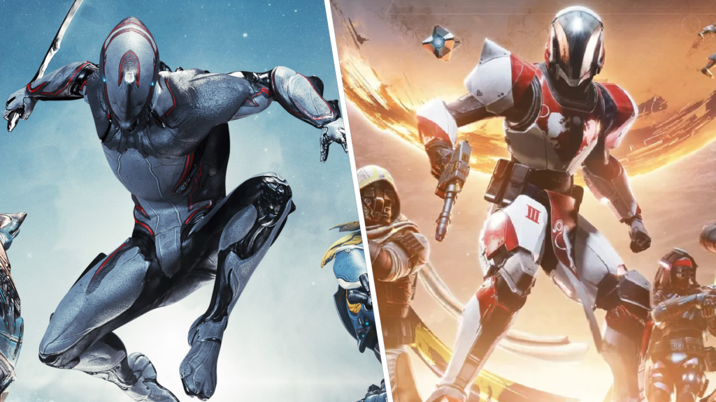 A split image showing a frame from Warframe in an action pose on the left, and a guardian from Destiny 2 on the right.